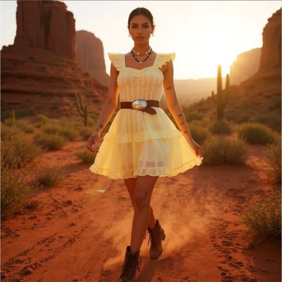 Mabel Lemon Ruffle Mini Dress w/ Tiered Skirt & Square Neckline – Desert Bloom M - Picture 1 of 6